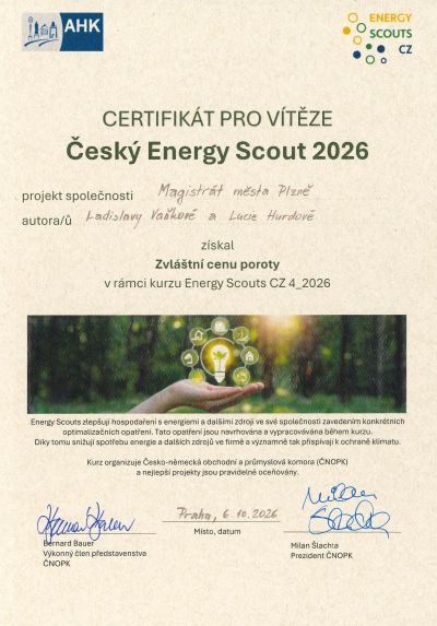 Zvláštní cena poroty programu Energy Scouts CZ 2026, kterou získaly Ing. Ladislava Vaňková a&nbsp;Ing. Lucie Hurdová z&nbsp;Oddělení městské energetiky Magistrátu města Plzně.